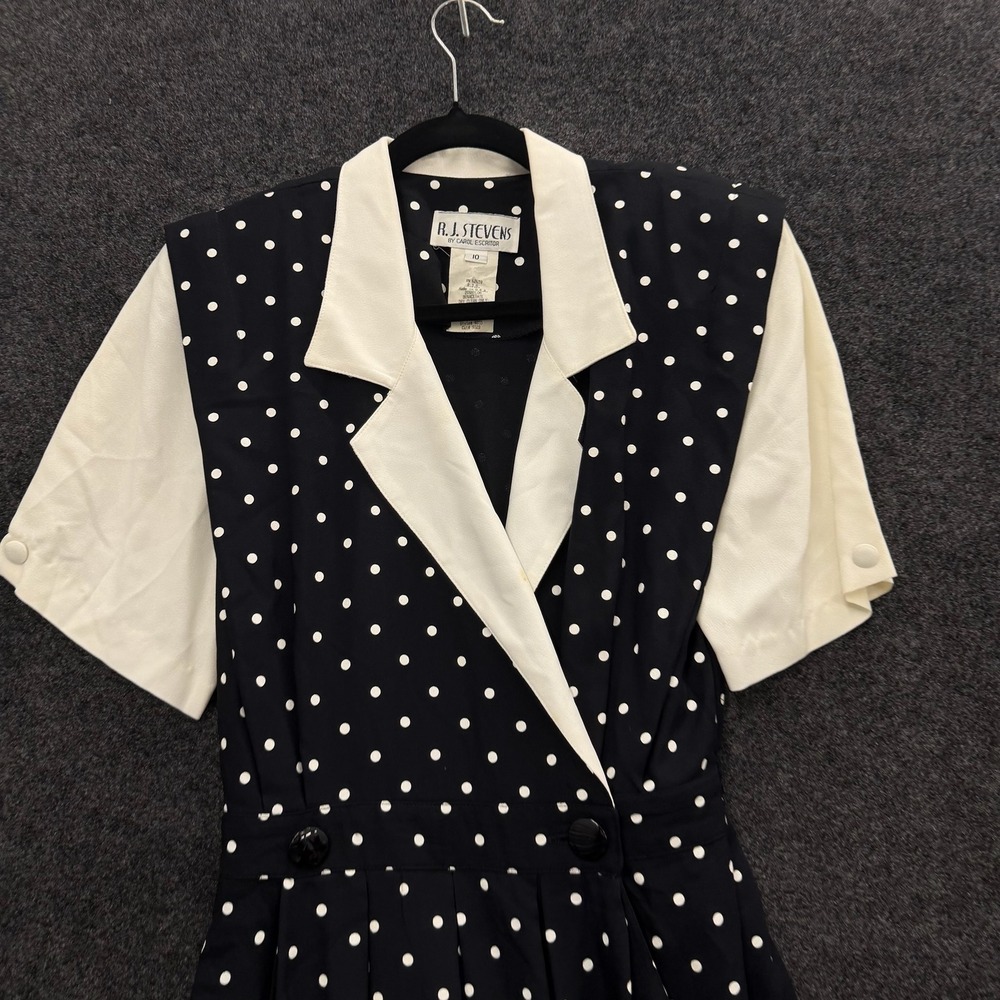 Vintage RJ Stevens Polka Dot Dress 80s Black White Midi Short Sleeve Womens 10